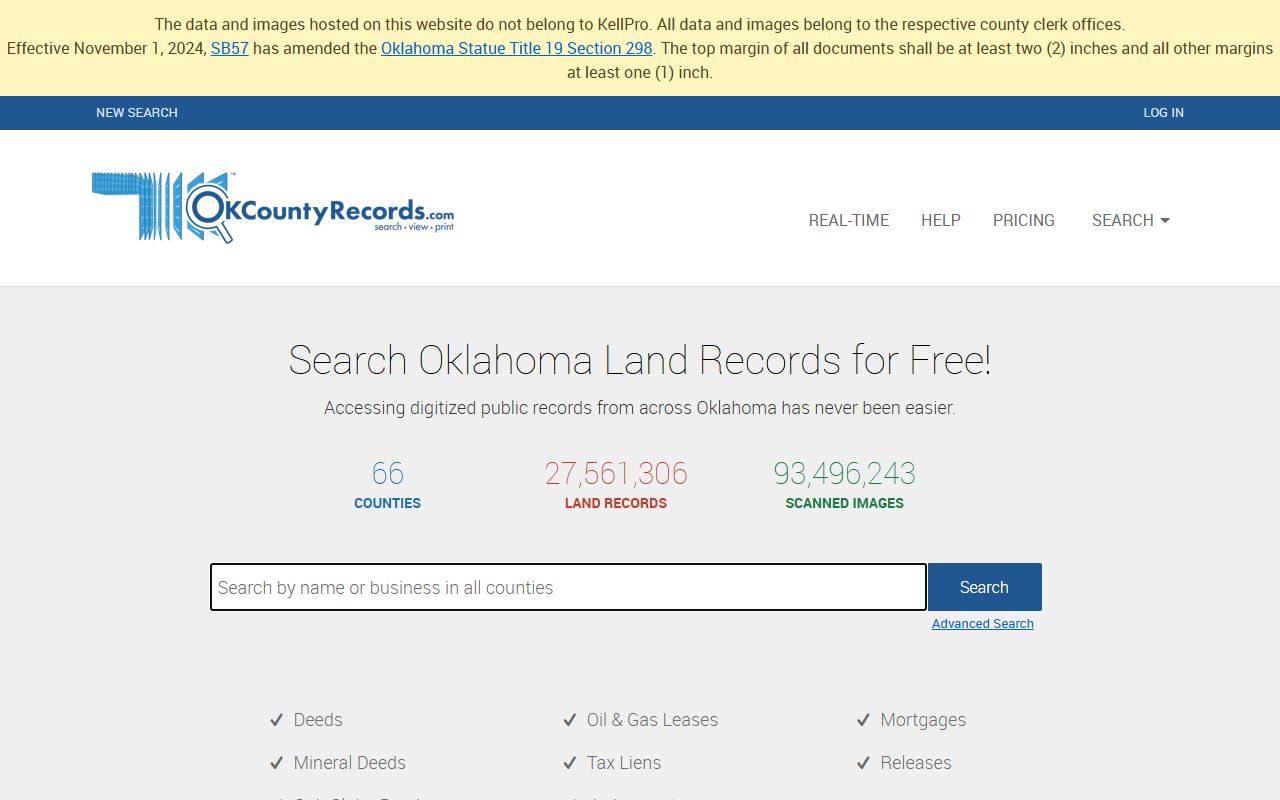 Woods County land records search on OKCountyRecords